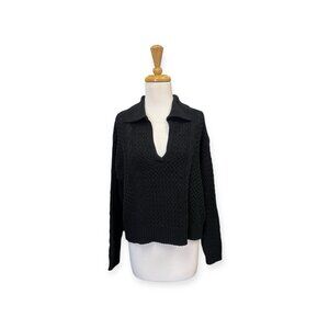 Jason Wu V Neck Collared Wool Sweater Size M Medium Black Cable Knit